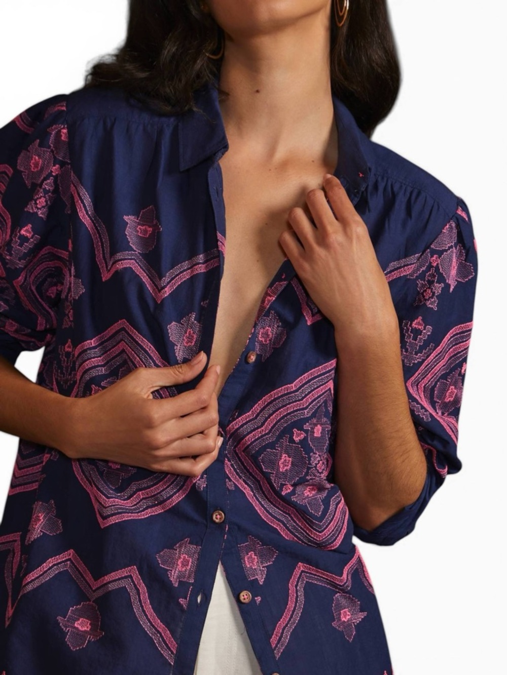 Anthropologie Shirt Women Blue Embroidered Relaxed Button Up Size S - Picture 5 of 13
